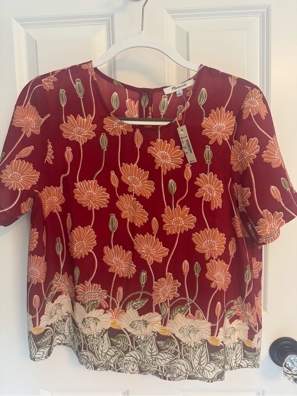 NWT  Madewell Silk Red Floral Short Sleeve Blouse with Peach Blooms Size S